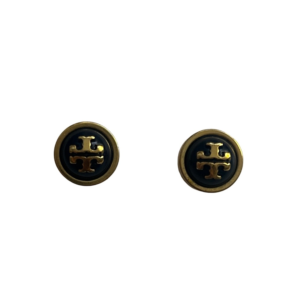 tory burch gold and navy logo stud Earrings